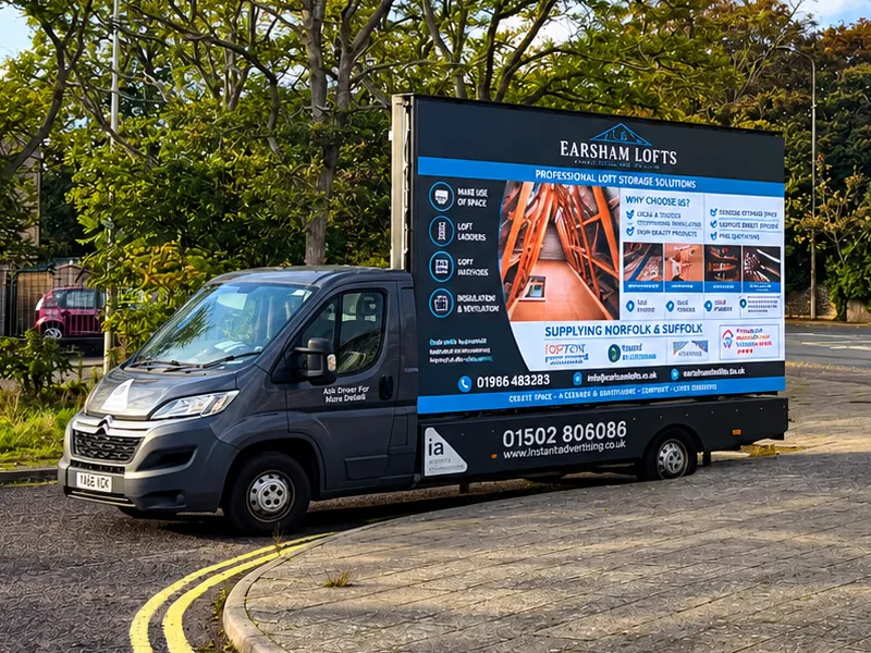 The digivan showing an Earsham Lofts advert for professional loft storage solutions