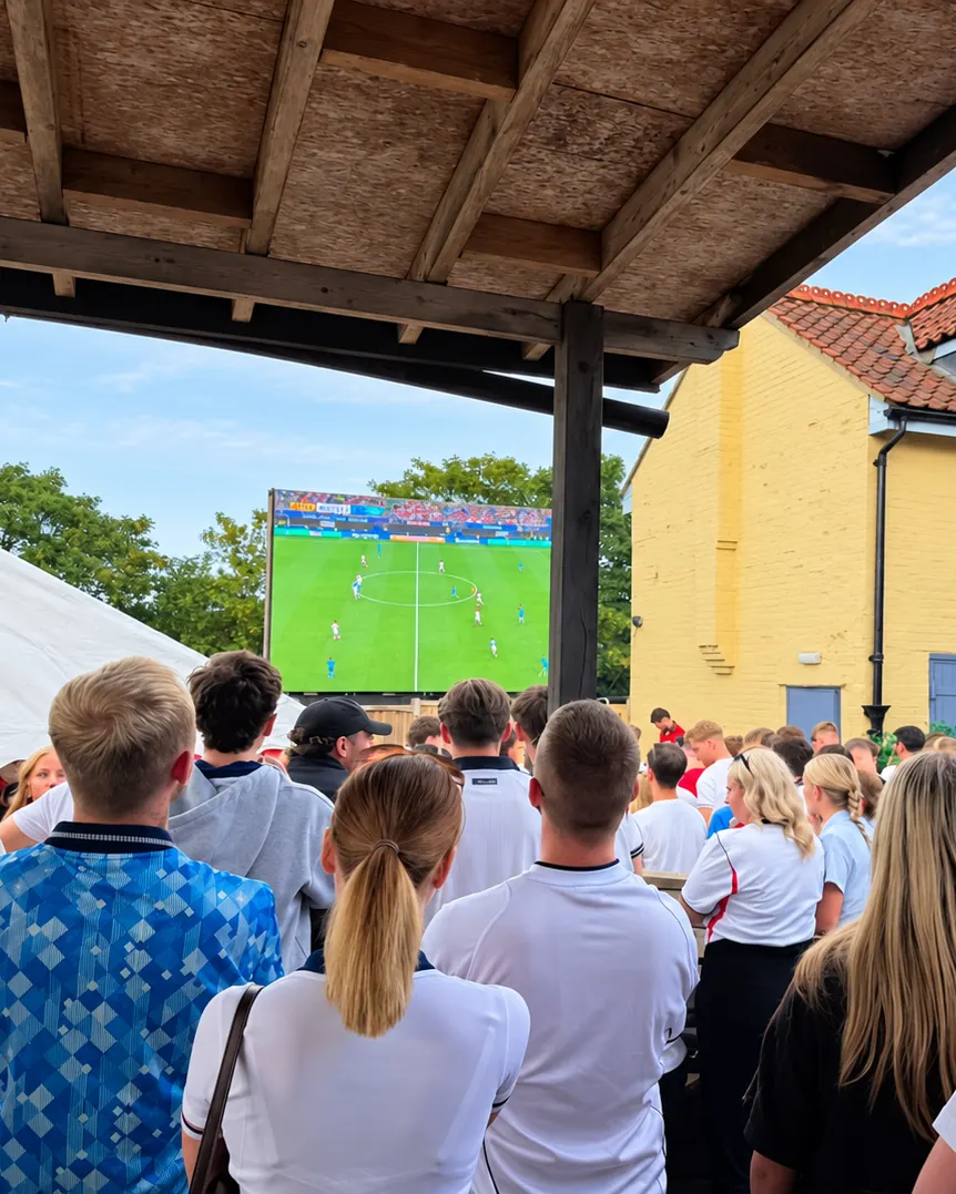 A crowd outdoors watching a football match on our LED screen