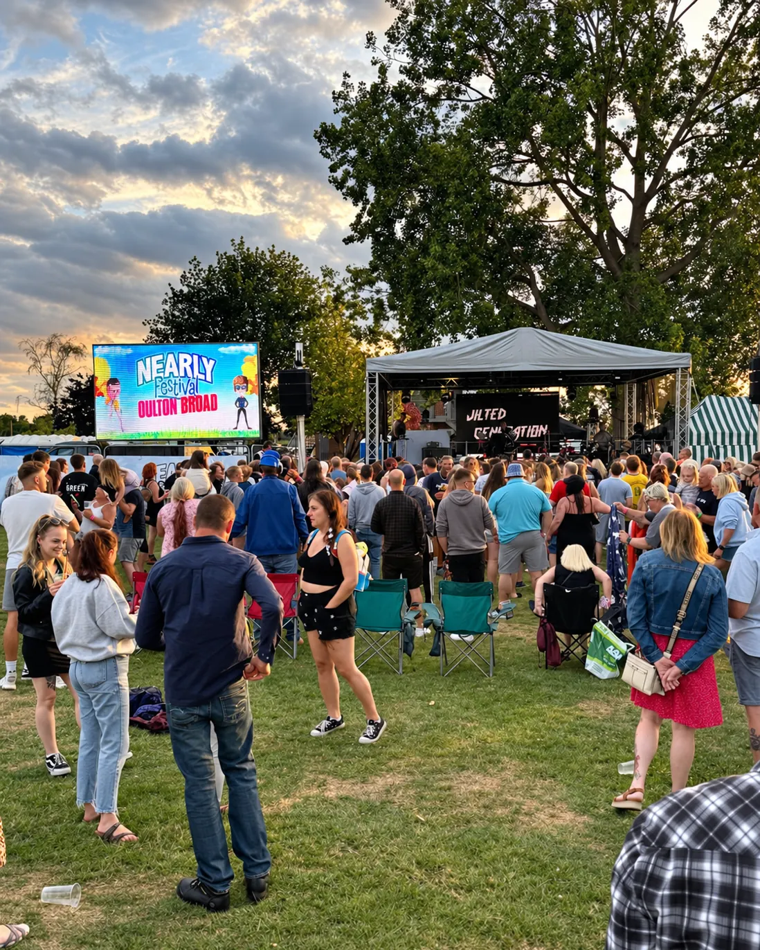 A festival crowd beside our LED screen at the Nearly Festival, Oulton Broad