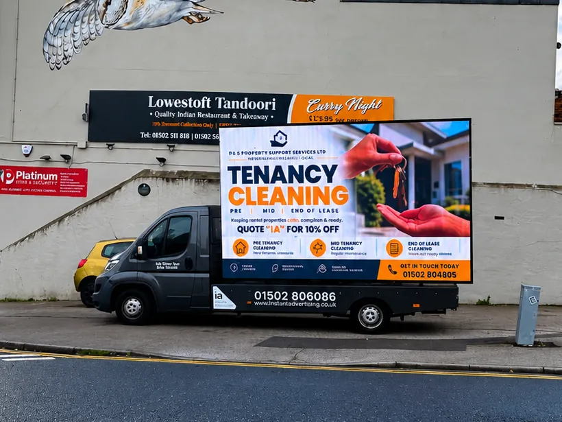 The digivan showing an R&R Properties advert for tenancy cleaning