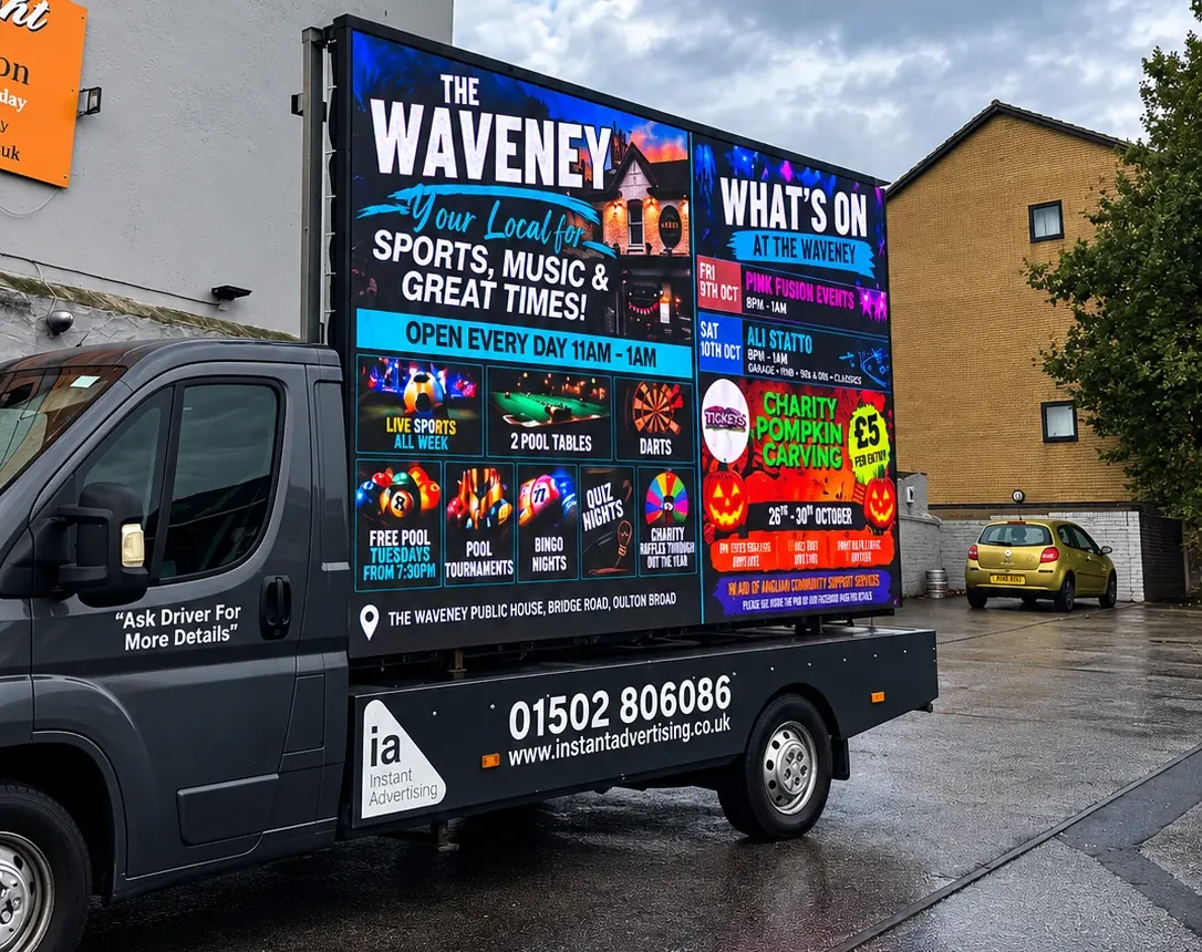 The digivan showing a What’s On advert for The Waveney